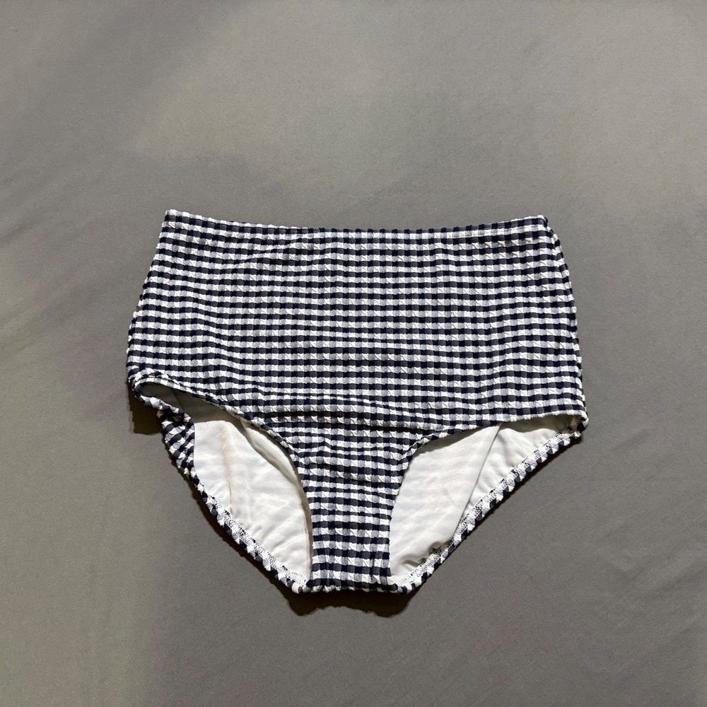Lands End Bikini Bottoms Womens Medium 10-12 Navy Gingham High Waist Seersucker